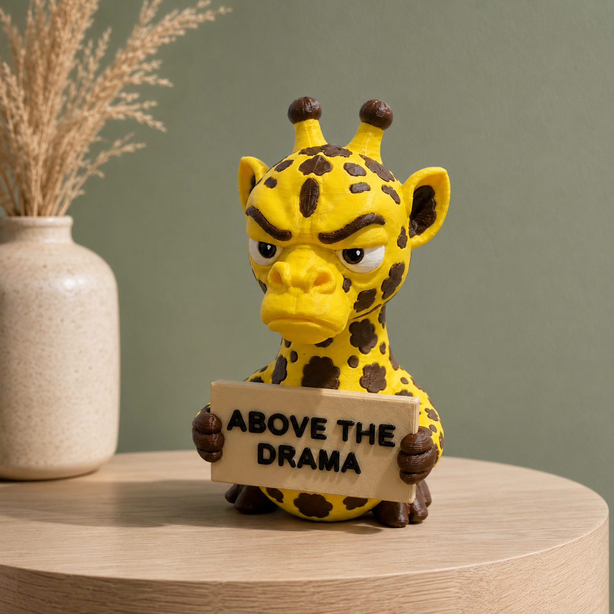 A yellow giraffe figurine with dark brown spots holds a sign that reads 'ABOVE THE DRAMA' while sitting on a round wooden table next to a ceramic vase with dried grass, against a muted green wall.