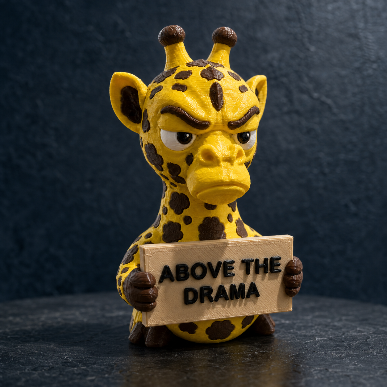A yellow and brown spotted giraffe figurine holding a wooden sign that reads 'ABOVE THE DRAMA'. The figurine has an angry expression and is posed on a dark textured surface against a dark blue-gray background.