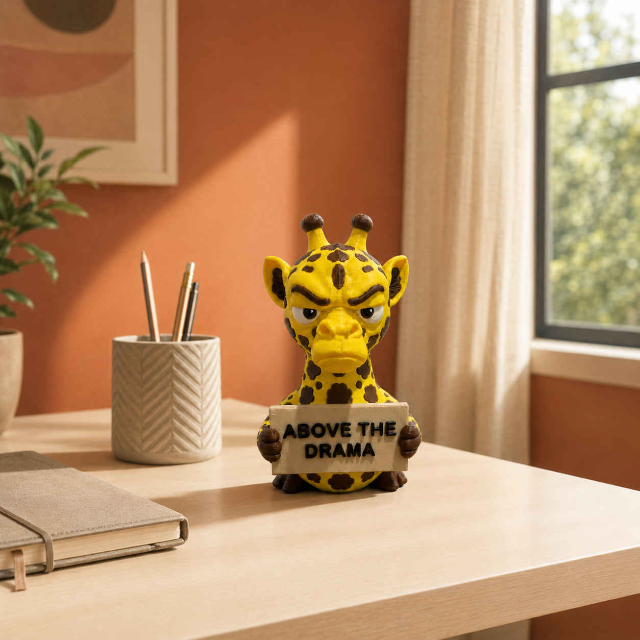 A yellow and brown giraffe figurine holding a sign that reads 'ABOVE THE DRAMA' sits on a light wood desk in a warm, sunlit room with an orange wall, window, curtains, and a notebook nearby.