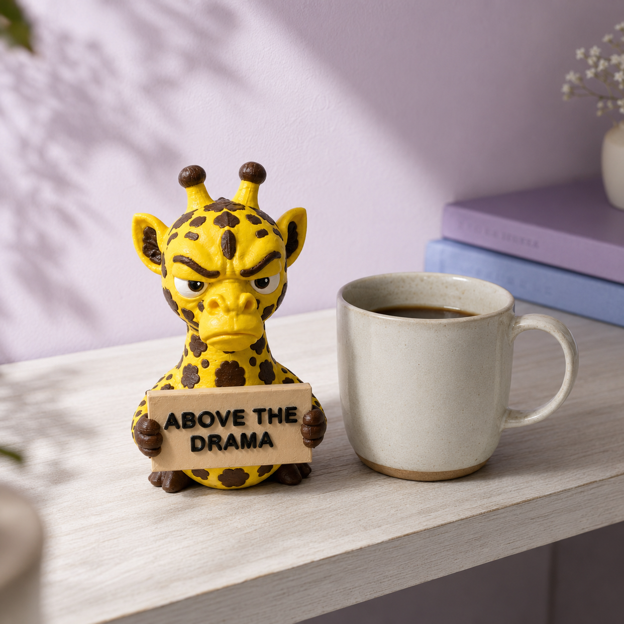 A yellow and brown giraffe figurine holding a sign that reads 'ABOVE THE DRAMA' sits on a light wood table next to a white ceramic mug filled with coffee, with a soft-focus background of stacked books and a lavender wall.