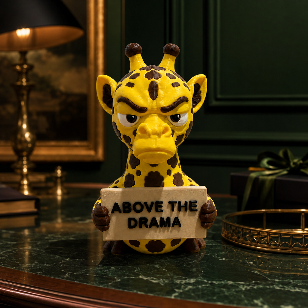 A yellow and brown giraffe figurine holding a sign that reads 'ABOVE THE DRAMA' on a dark green marble tabletop in an indoor setting.
