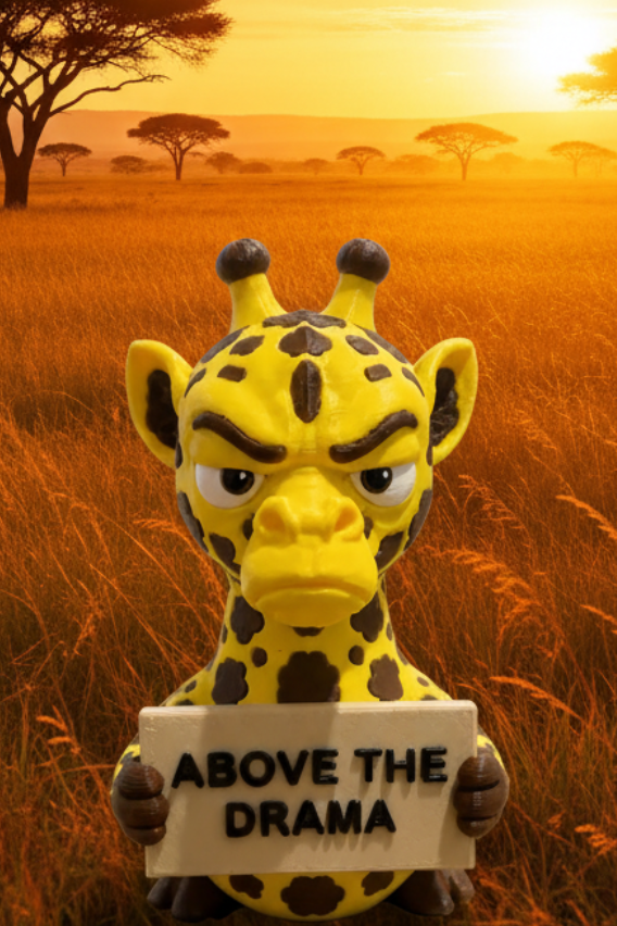 Giraffe plush toy holding a sign with 'Above the Drama' text in an African safari setting.