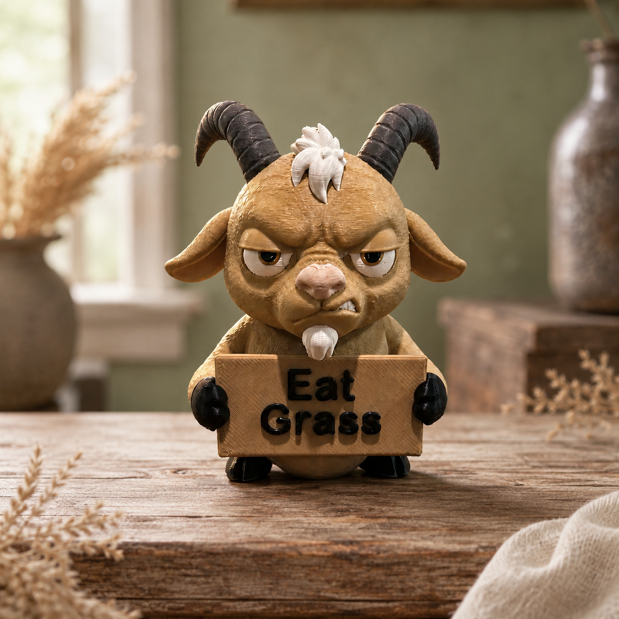 A cartoon goat figurine with black horns and a white beard, holding a cardboard sign that says 'Eat Grass', displayed on a rustic wooden surface with dried floral props and a soft-focus background.