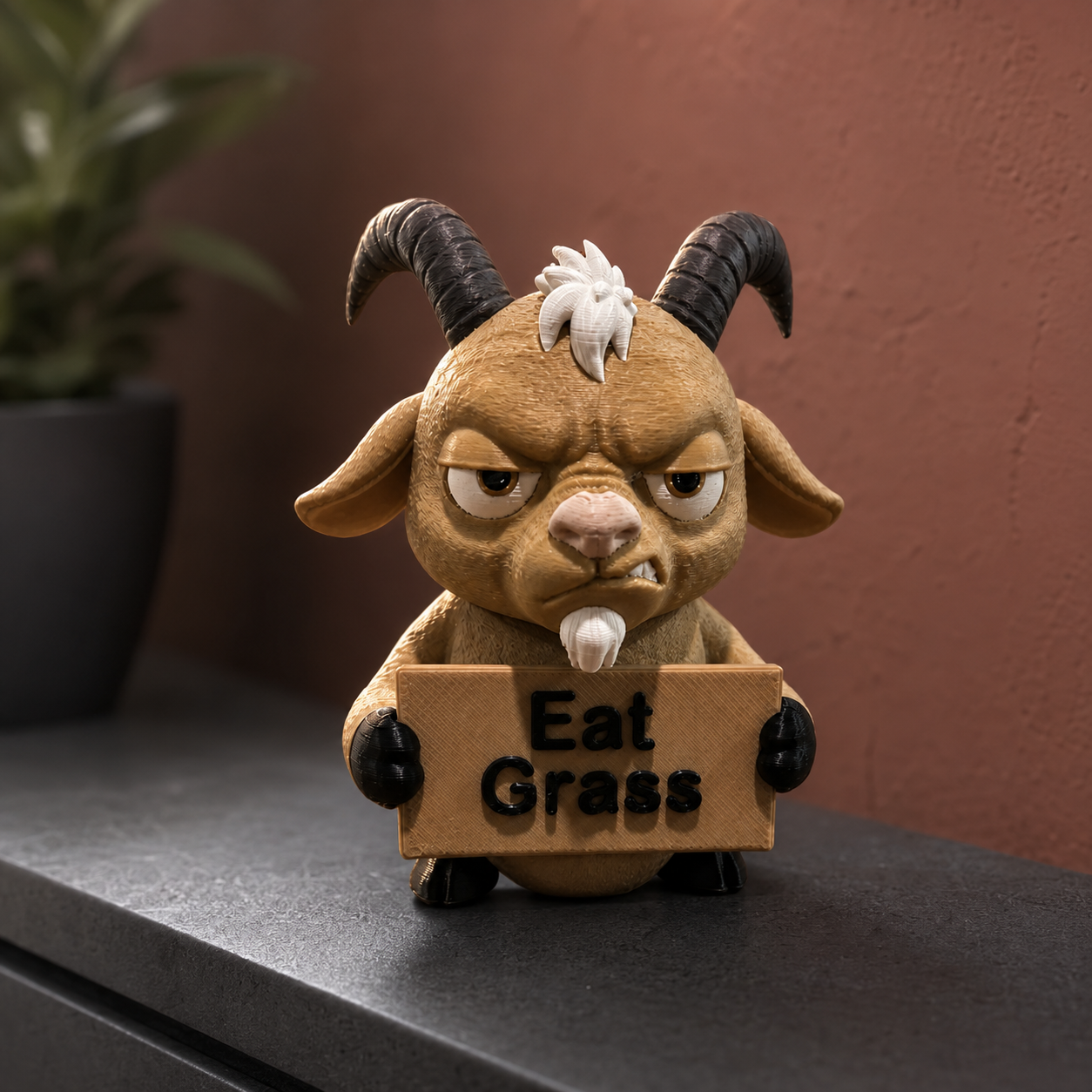 A cartoon goat figurine holding a cardboard sign that reads 'Eat Grass,' placed on a dark tabletop against a terracotta wall with a blurred plant in the background.