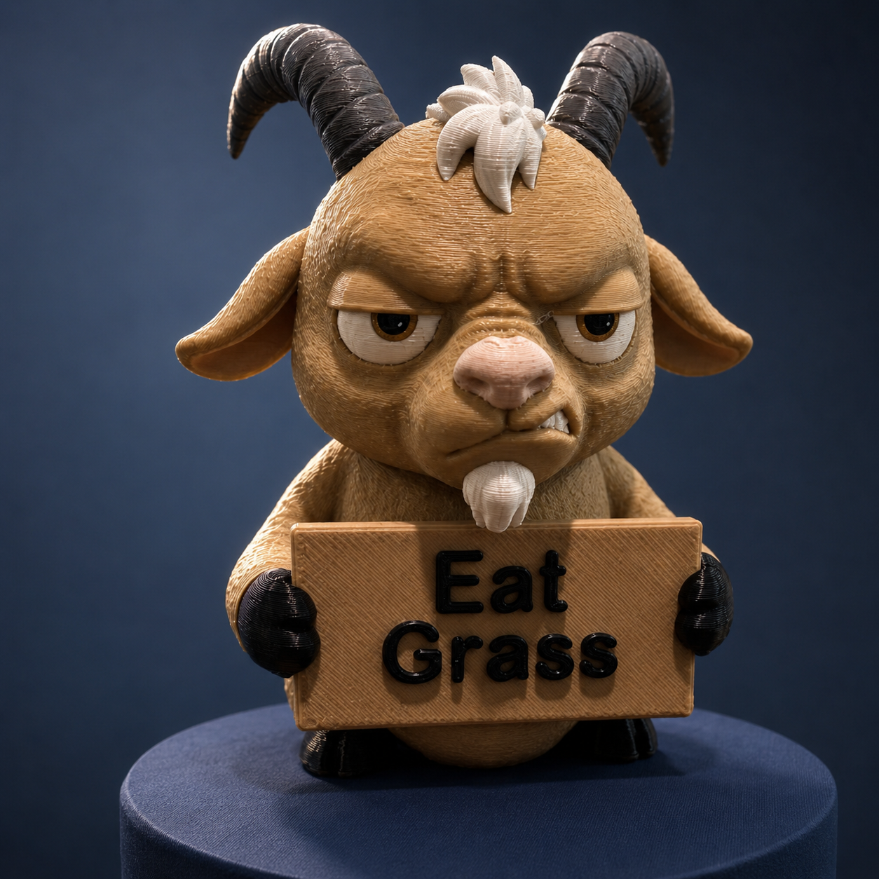 A cartoon goat figurine with curved black horns, a grumpy expression, and a small white beard, holding a sign that reads 'Eat Grass.' The figurine is posed on a round blue pedestal against a dark blue background.