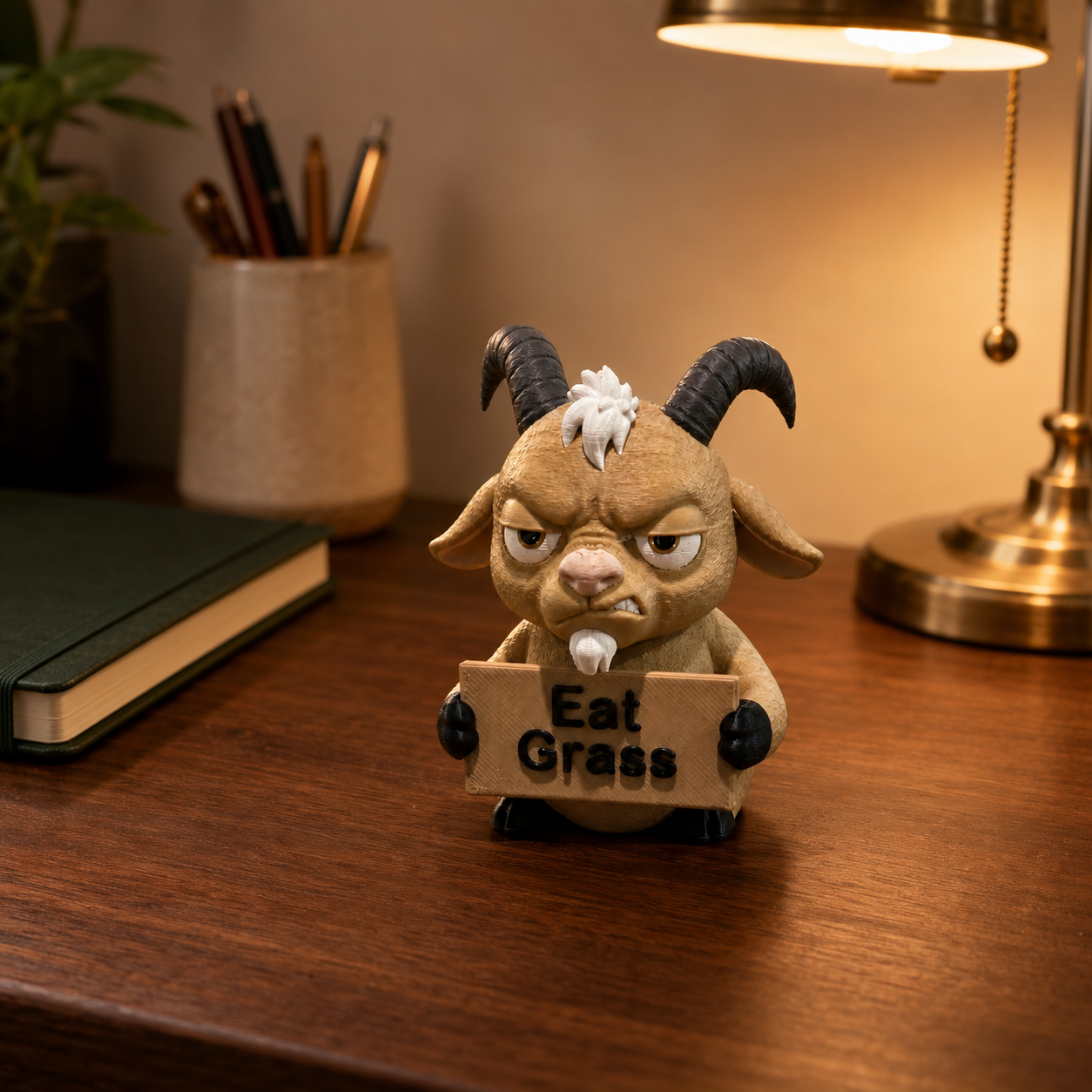 A small goat figurine holding a sign that says 'Eat Grass' sits on a wooden desk in a warmly lit room, with a lamp, notebook, and pencil holder in the background.