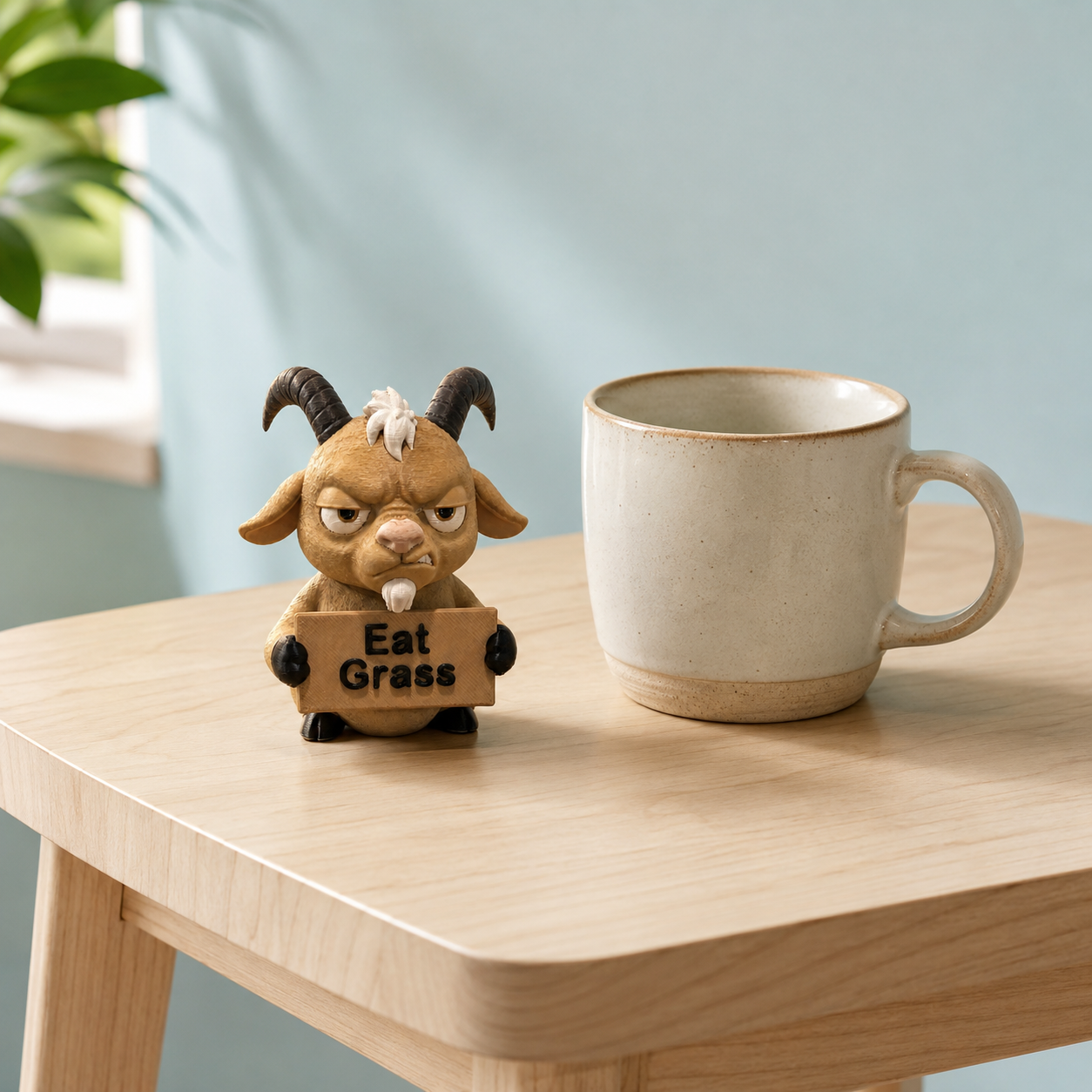 A small cartoon goat figurine holding a sign that says 'Eat Grass' sits on a light wood table next to a beige ceramic mug. The background is a soft light blue wall with a hint of greenery in the upper left.