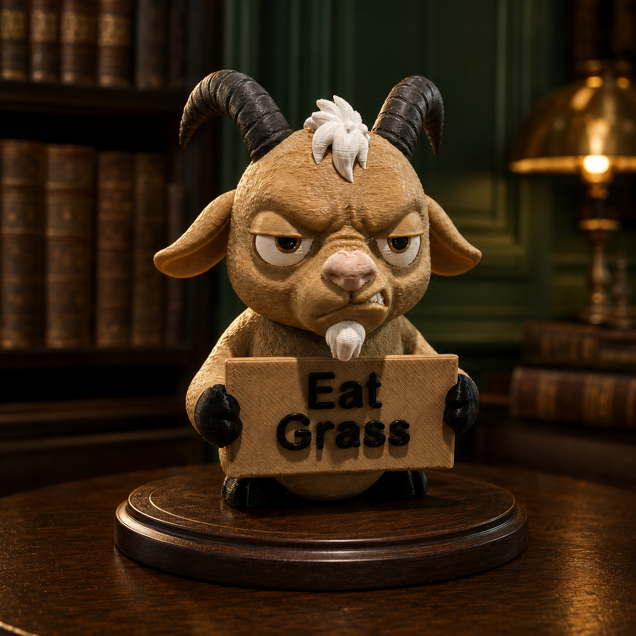 A cartoon goat figurine with curved black horns and a white tuft of hair, holding a cardboard sign that reads 'Eat Grass,' displayed on a round wooden base in a dimly lit library or study setting.