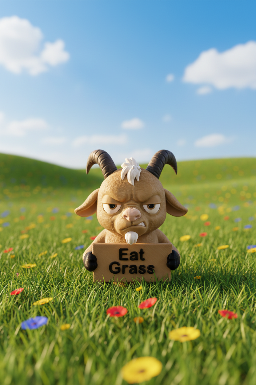 Goat figurine holding a sign with 'Eat Grass' text on a gray background