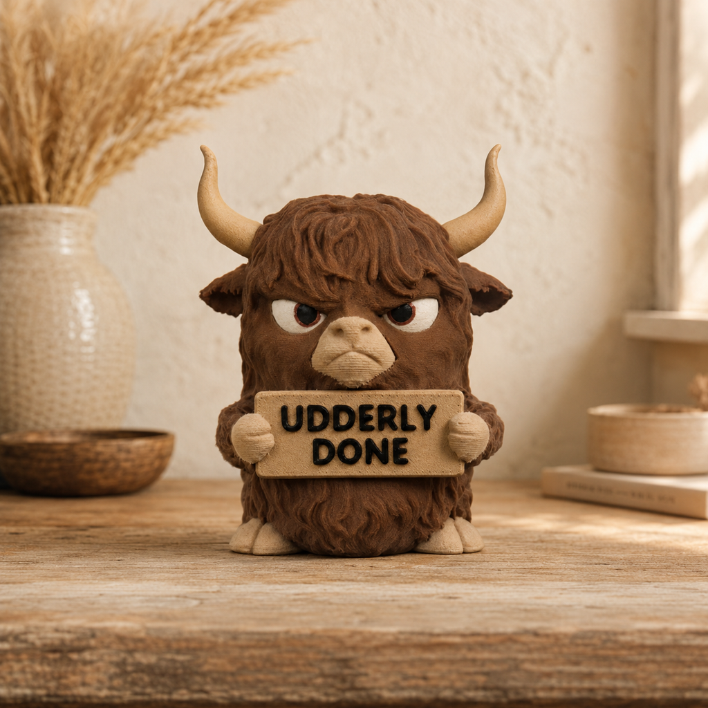 A brown highland cow figurine with cream horns and a sign reading 'UDDERLY DONE' sits on a wooden table in a warm, rustic room setting.