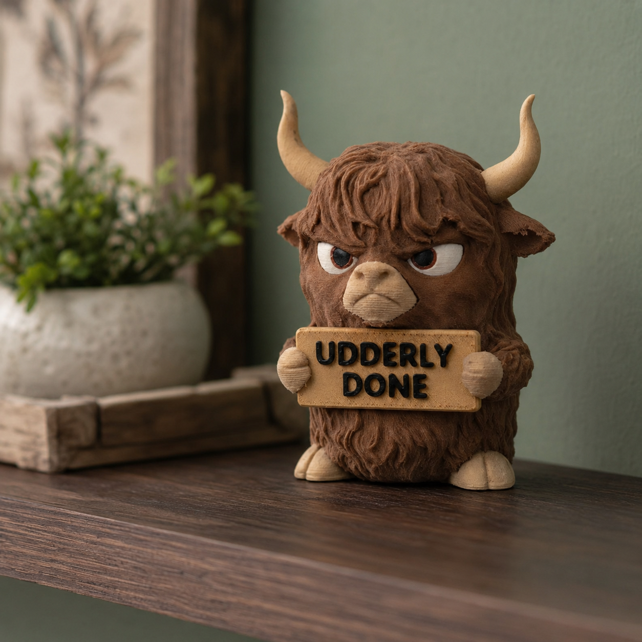 A small brown horned figurine standing on a wooden surface and holding a sign that reads “UDDERLY DONE.” The background shows a blurred potted plant and wall.
