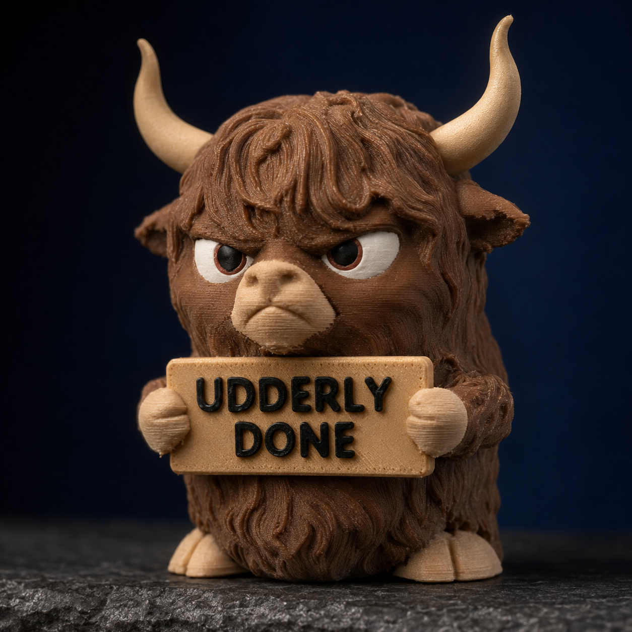 A stylized brown highland cow figurine with cream horns and a beige sign reading 'UDDERLY DONE', posed against a dark blue background.