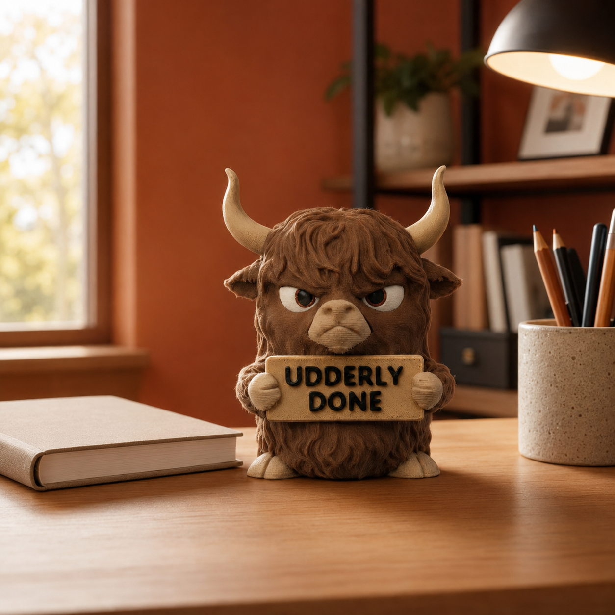A small brown highland cow figurine with horns stands on a wooden desk, holding a sign that reads 'UDDERLY DONE.' The scene is a real indoor workspace with a book, pencil cup, shelf, window light, and lamp visible in the background.