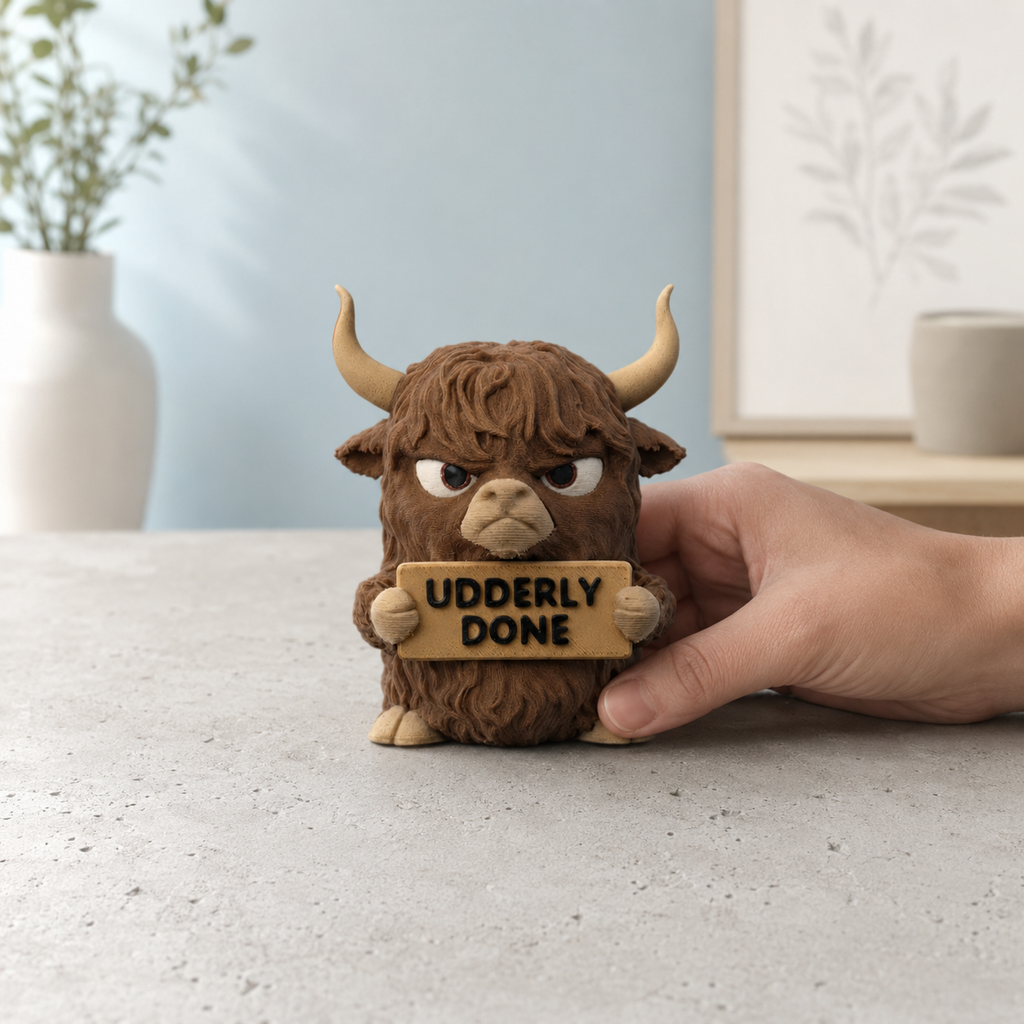 A small brown highland cow figurine holding a wooden sign that reads 'UDDERLY DONE' sits on a tabletop, with a human hand touching it. The background shows a soft blue wall, a white vase with greenery, and a framed print.
