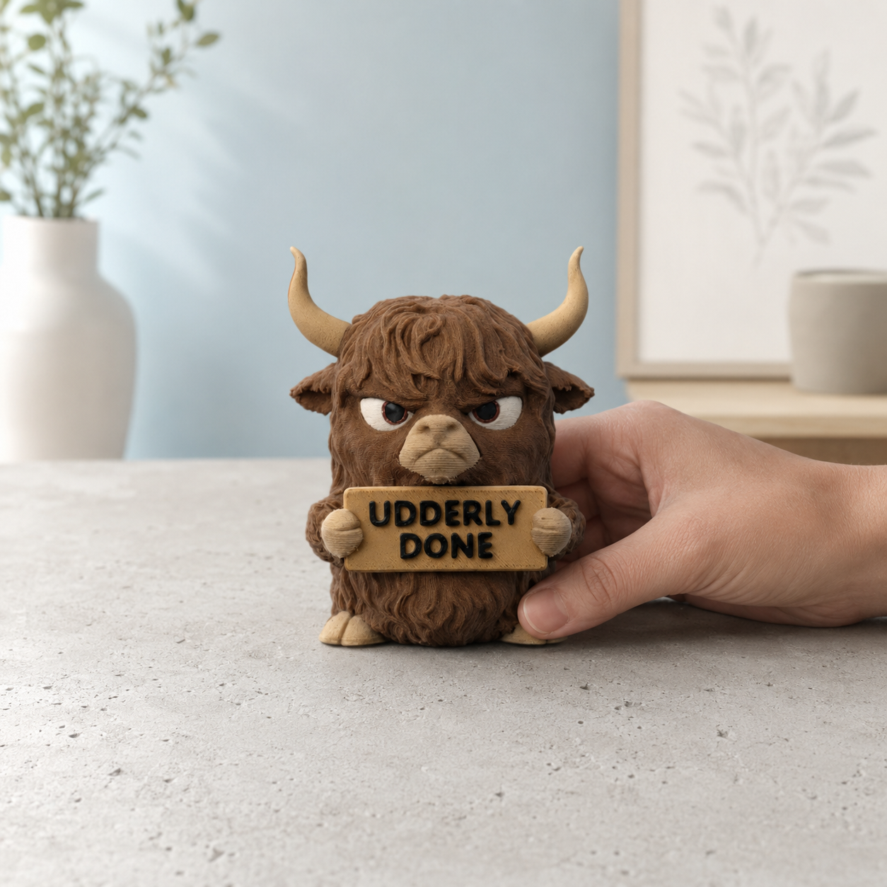 A small brown highland cow figurine holding a wooden sign that reads 'UDDERLY DONE' sits on a tabletop, with a human hand touching it. The background shows a soft blue wall, a white vase with greenery, and a framed print.
