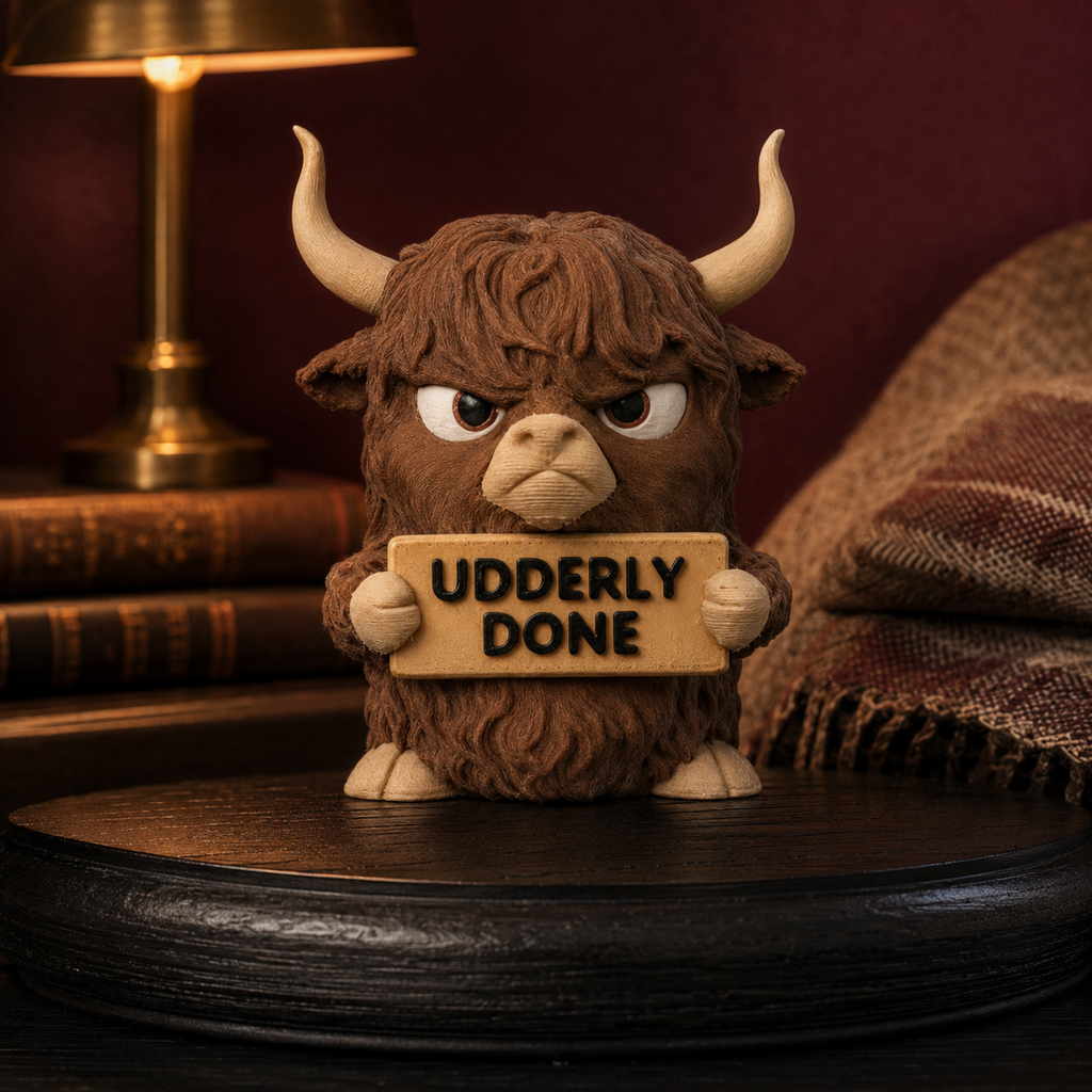 A small brown highland cow figurine with cream horns and a sign reading 'UDDERLY DONE' stands on a dark round surface against a moody background with a lamp, books, and a blanket.