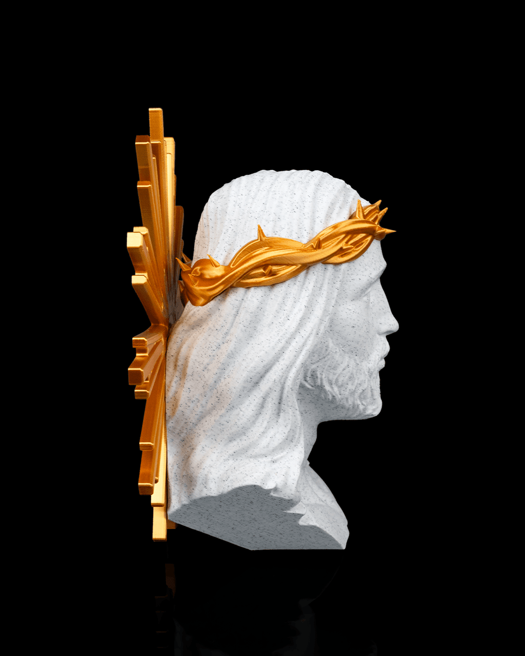 Bust of a classical figure with a gold crown on a black background