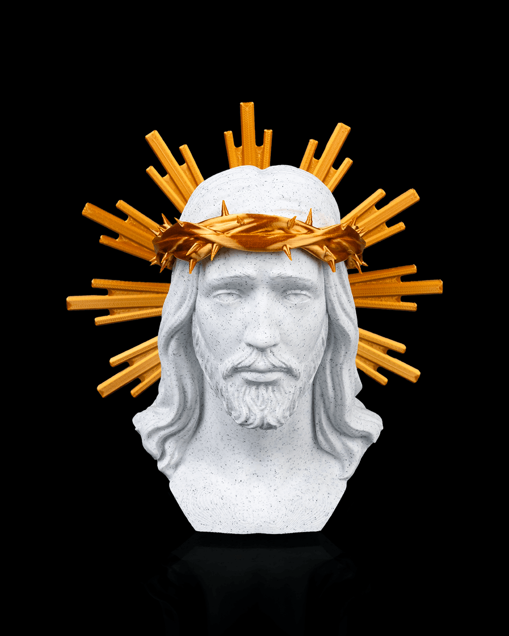 Bust of a religious figure with a crown of thorns on a black background