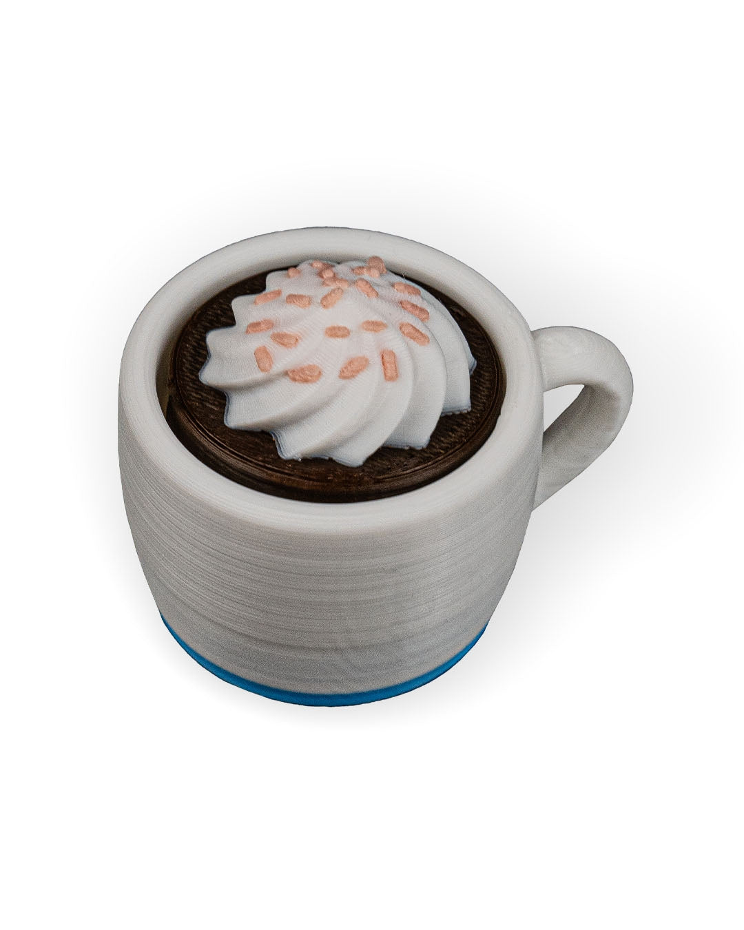 White ceramic mug with a chocolate drink and whipped cream on a white background