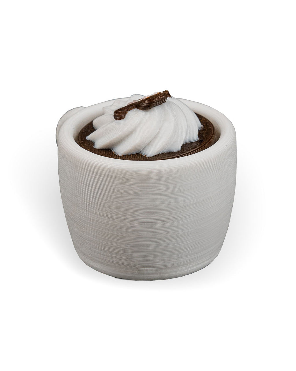 Ceramic planter with white succulent and brown pot on a white background