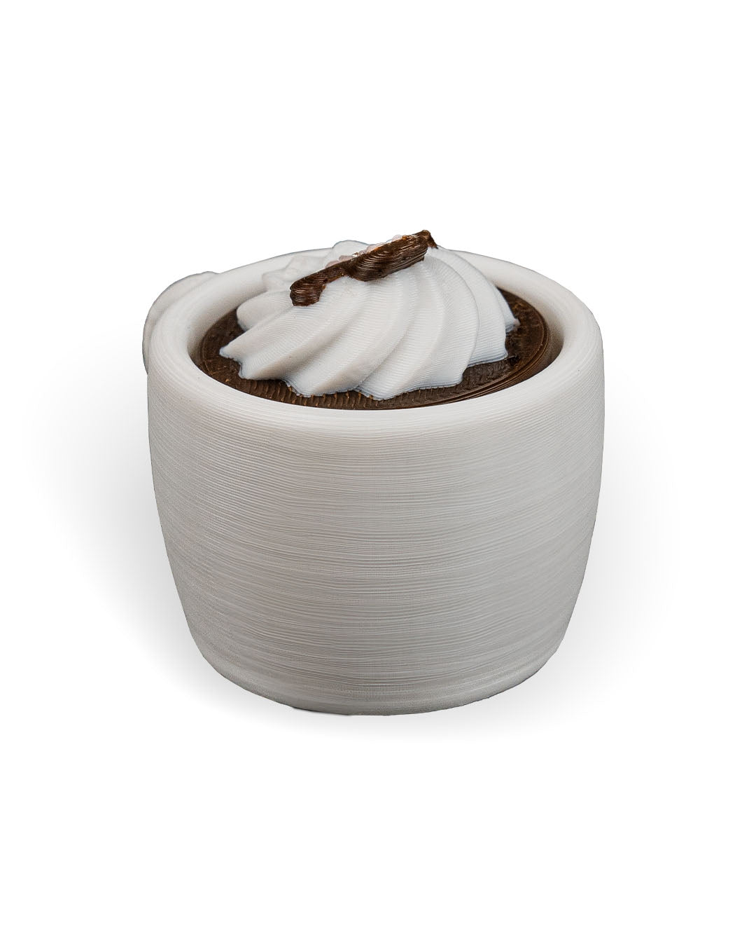 Ceramic planter with white succulent and brown pot on a white background