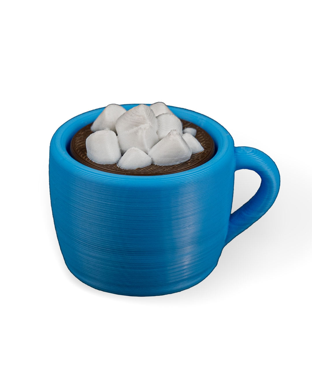 Blue mug with hot chocolate and marshmallows on a white background