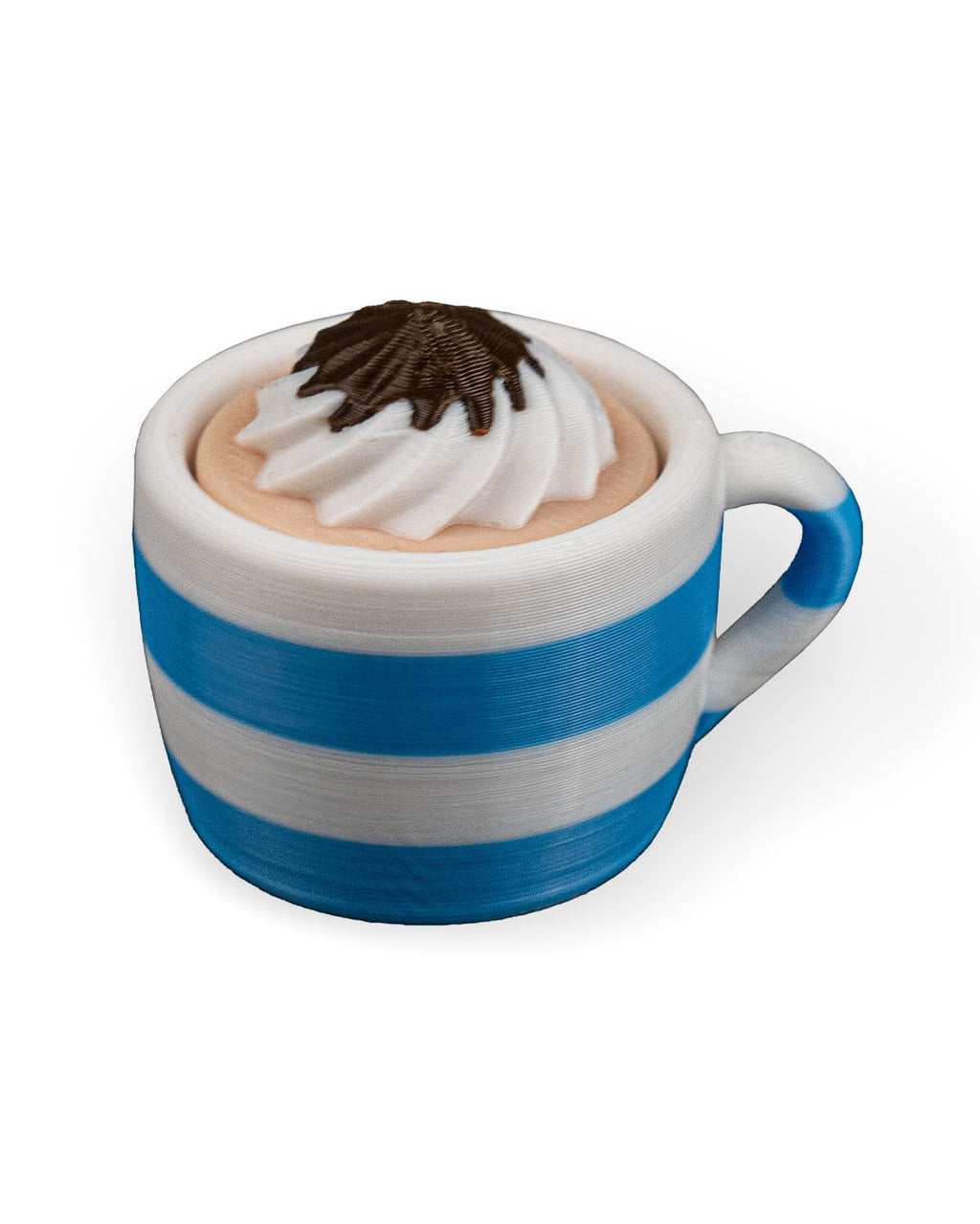 Blue and white striped mug with a chocolate topping on a white background