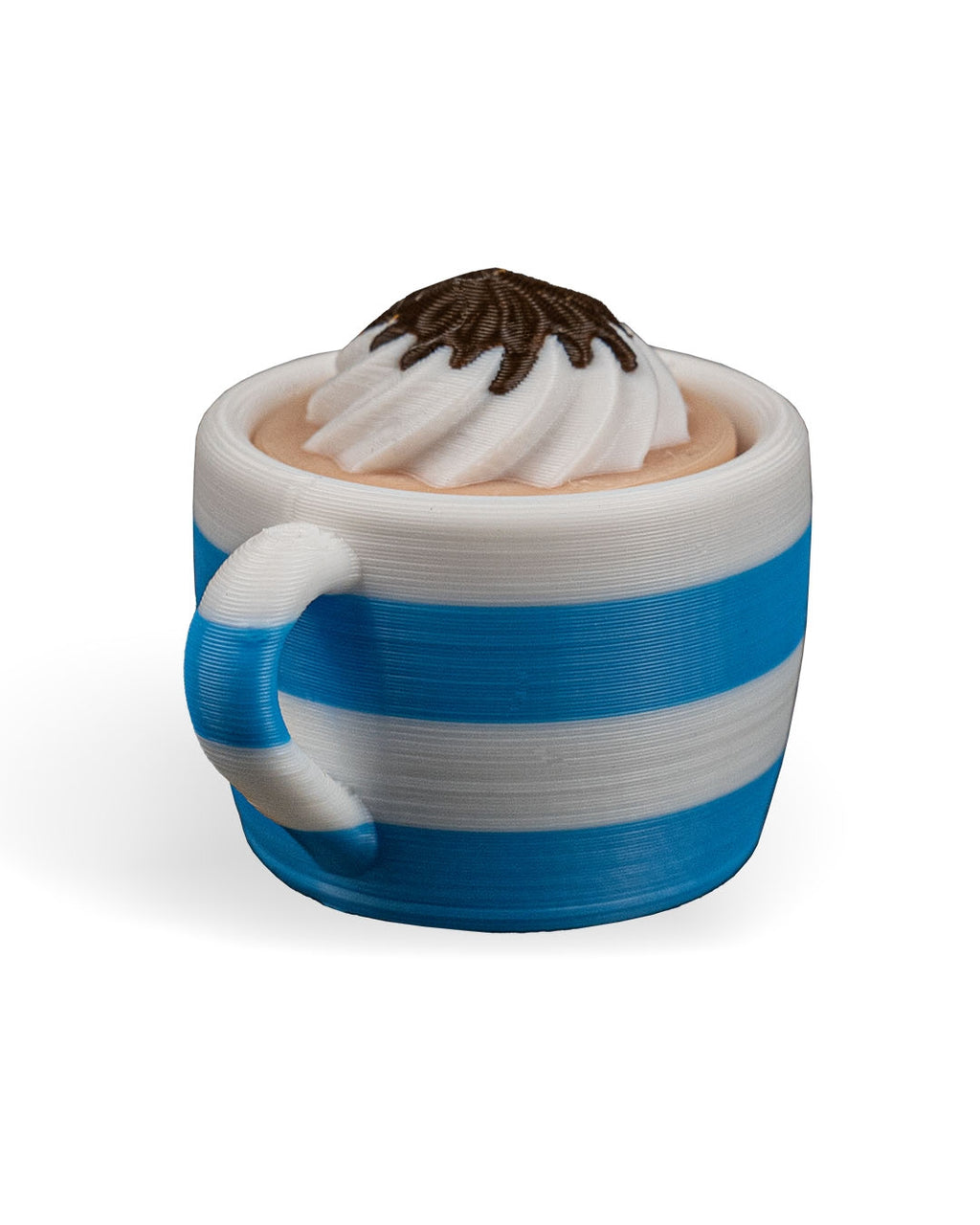 Blue and white striped mug with a chocolate topping on a white background