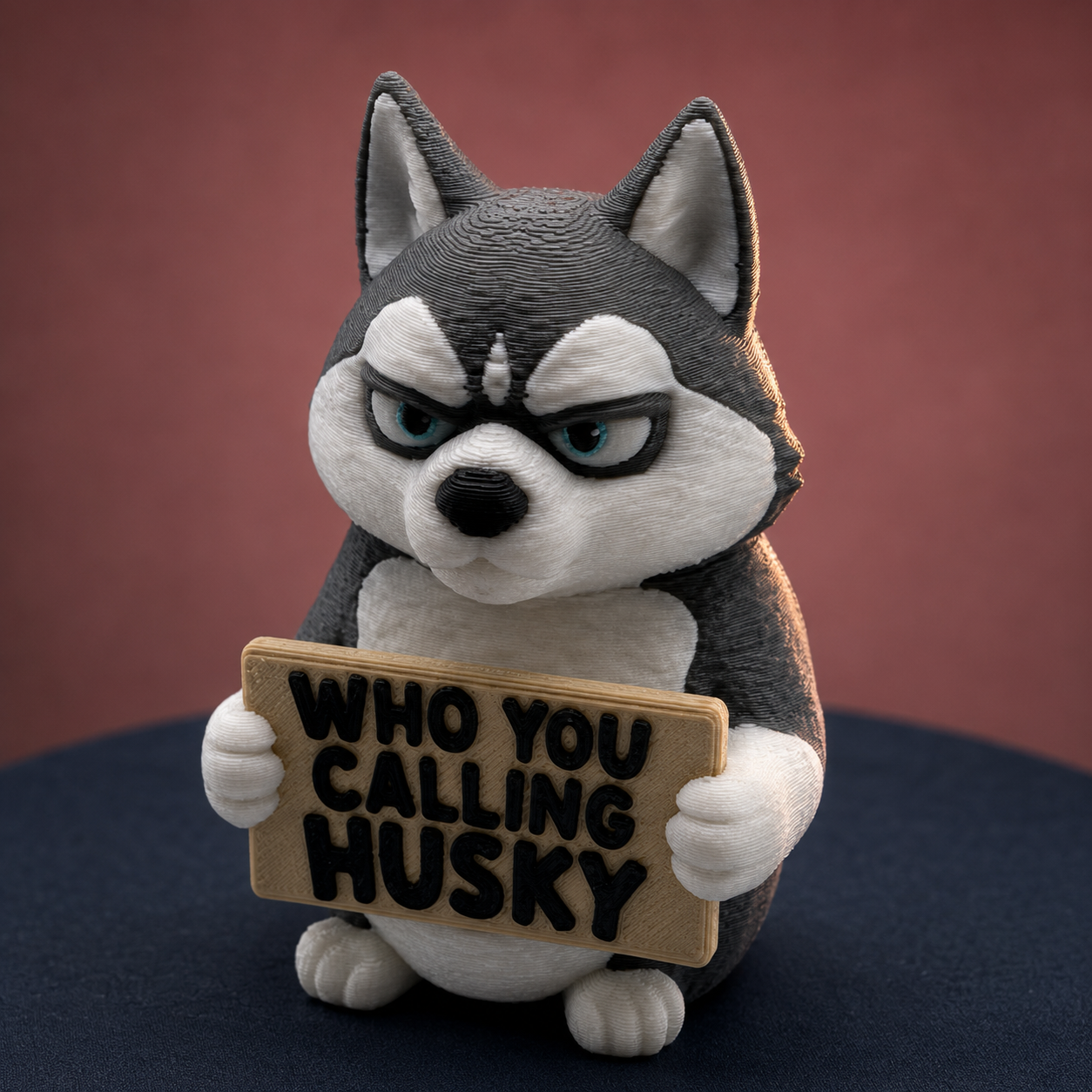 A 3D-rendered husky figurine holding a wooden sign that reads 'WHO YOU CALLING HUSKY' in black letters. The husky is gray and white with blue-gray eyes, set against a dark reddish-brown background and a dark blue surface.
