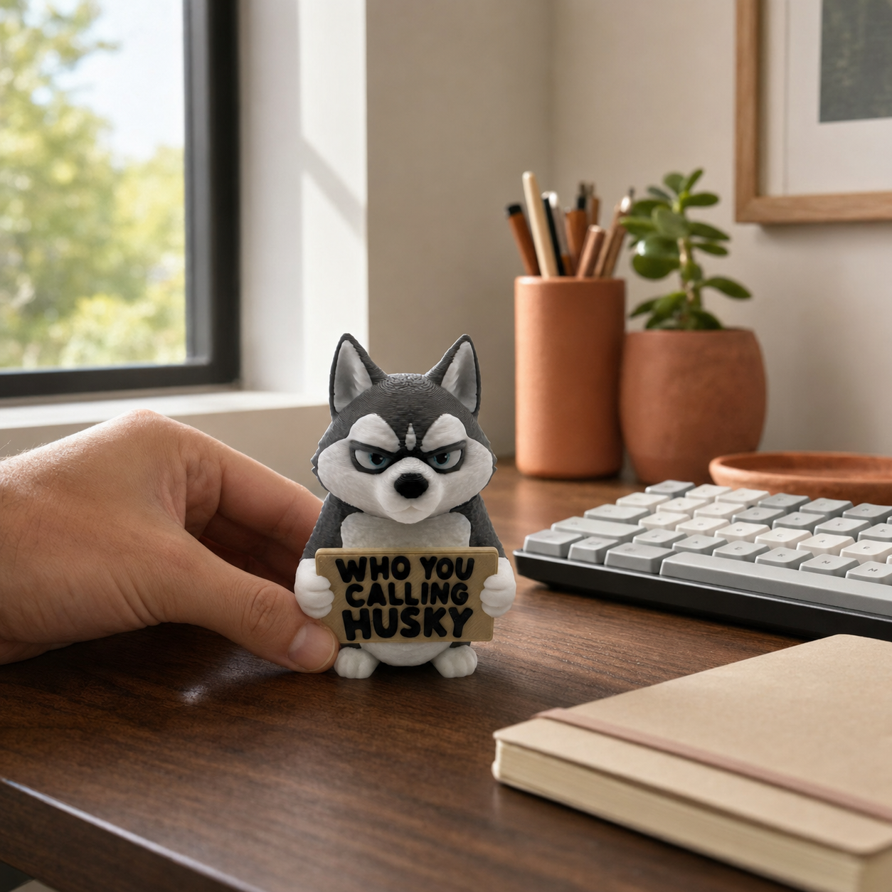 A small husky figurine holding a sign that reads 'WHO YOU CALLING HUSKY' sits on a wooden desk next to a hand, with a keyboard, pencil cup, and plant in the background.
