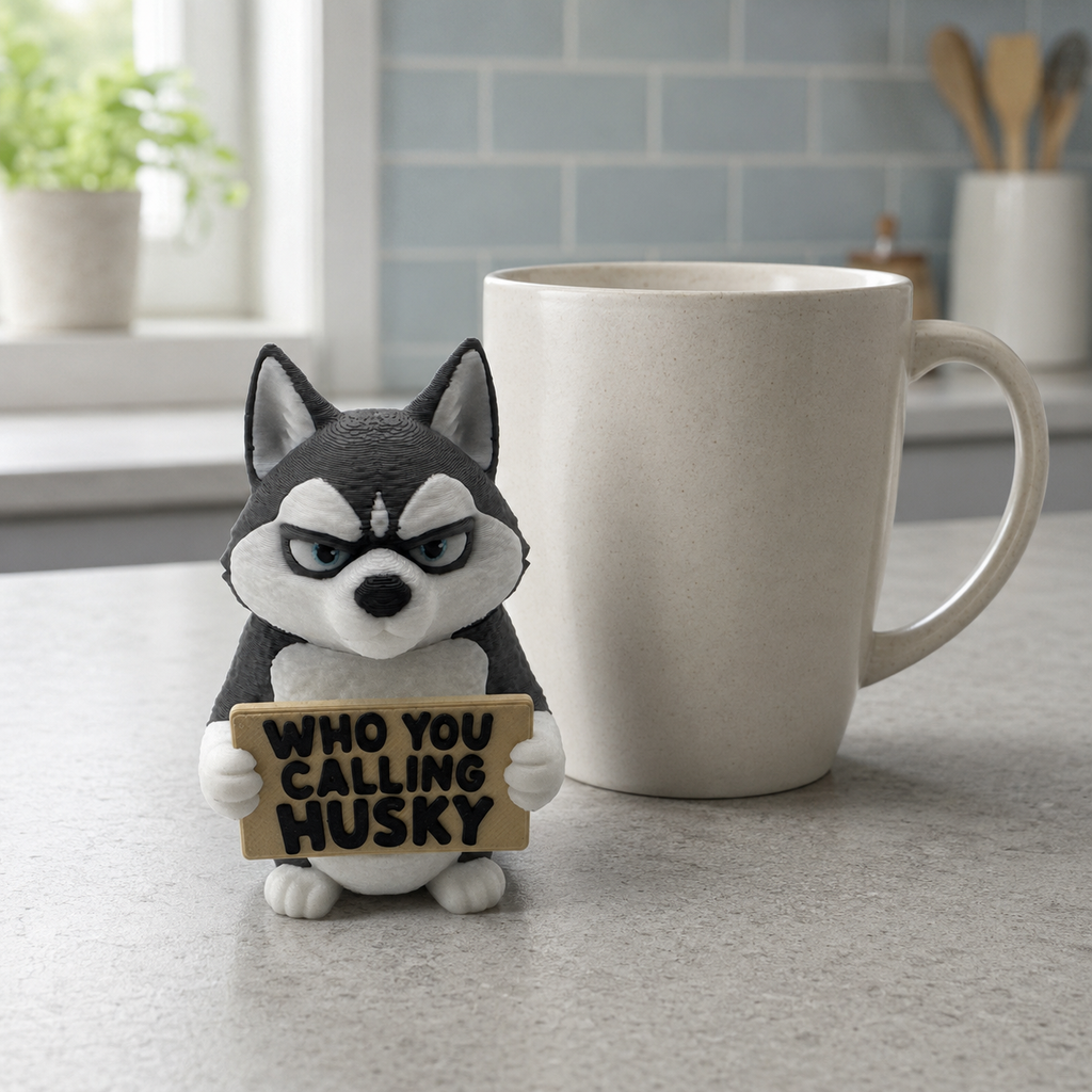 A small husky figurine holding a sign that reads 'WHO YOU CALLING HUSKY' stands on a kitchen counter next to a large off-white ceramic mug. The background shows a softly blurred kitchen with light blue subway tiles, a window, and utensils.