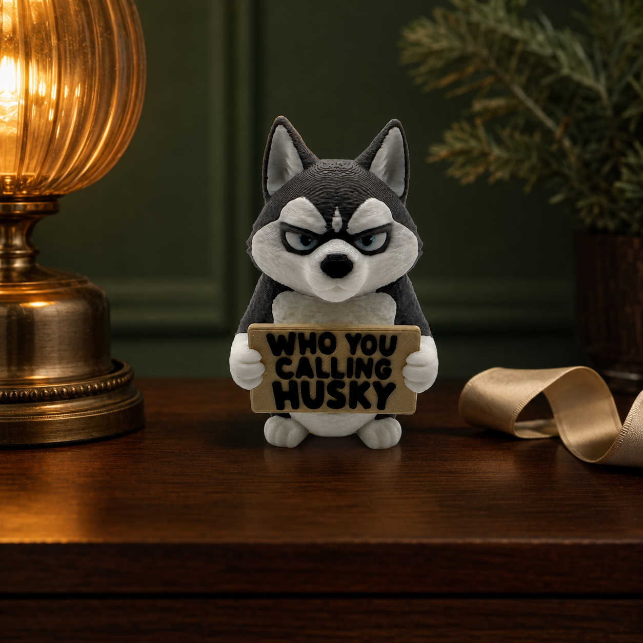 A small husky figurine standing on a wooden surface, holding a sign that reads 'WHO YOU CALLING HUSKY'. The figurine is styled in a cozy indoor setting with a lit brass lamp on the left and a ribbon on the right.