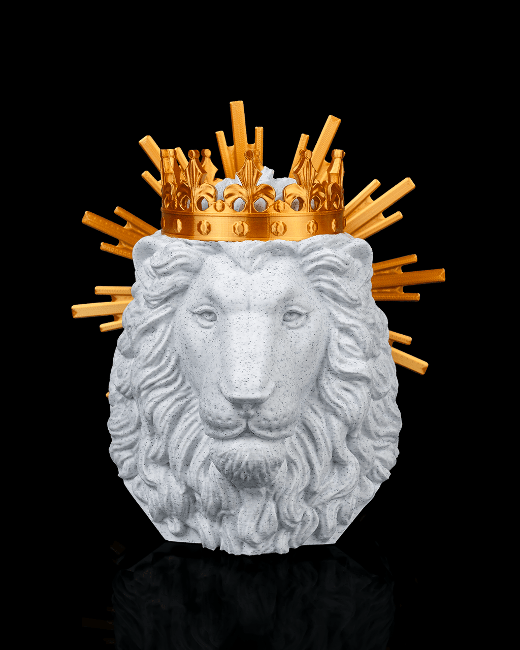 White lion head sculpture with a gold crown on a black background