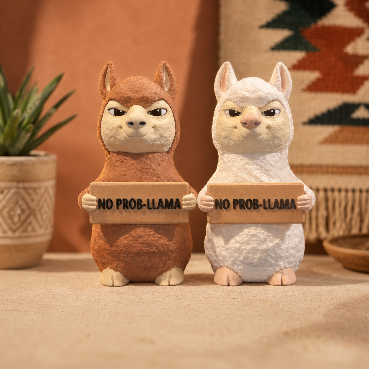 Two small llama figurines standing side by side, one brown and one white, each holding a sign that reads 'NO PROB-LLAMA'. The scene is styled with a potted plant on the left and a patterned textile in the background.