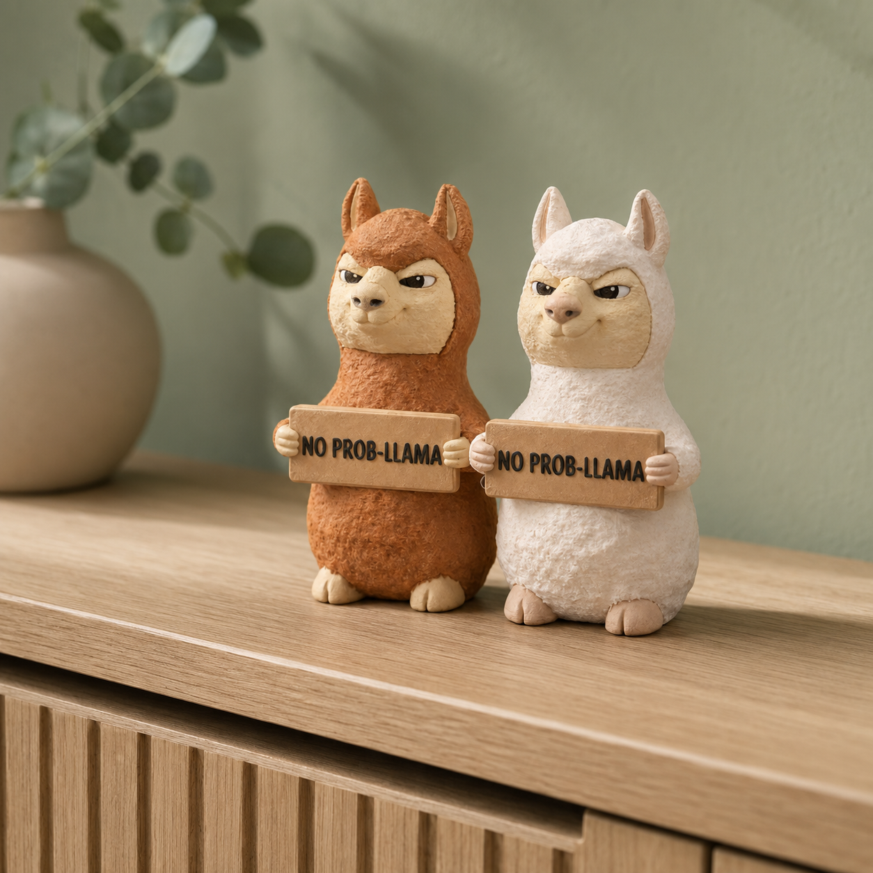 Two alpaca figurines sitting on a light wood surface, one brown and one white, each holding a sign that reads 'NO PROB-LLAMA'. A blurred vase with greenery is in the background against a soft green wall.