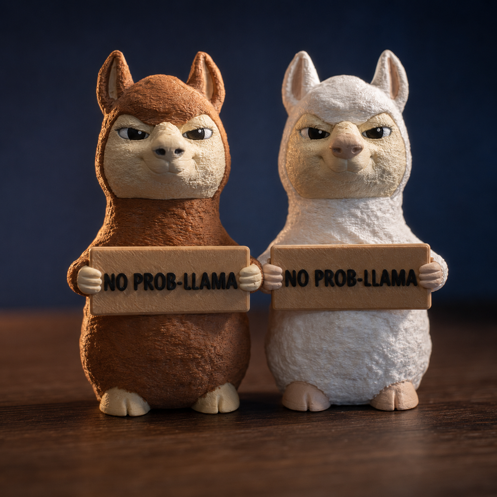 Two small llama figurines standing side by side on a wooden surface against a dark blue background. The left llama is brown with cream details and holds a sign reading 'NO PROB-LLAMA'.