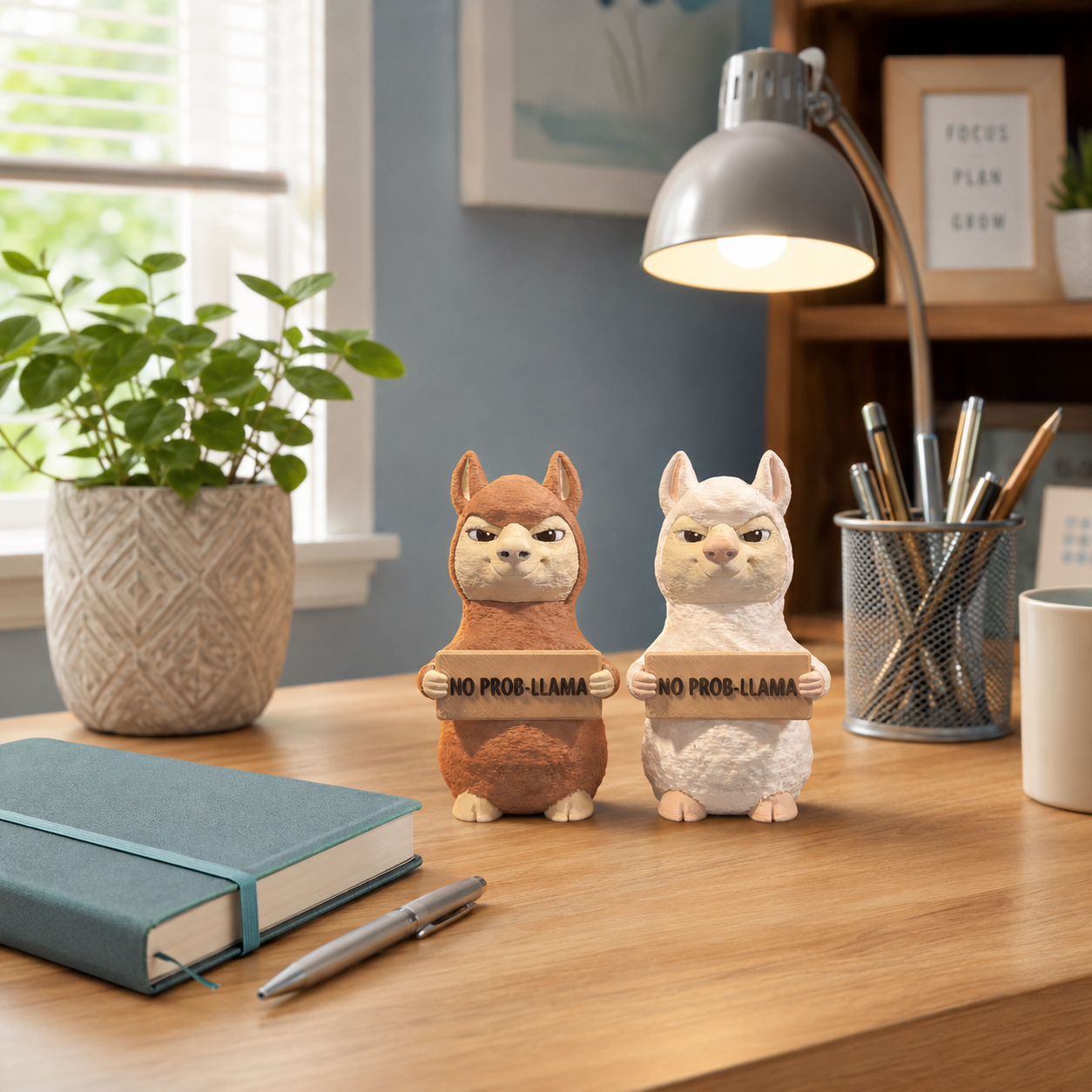 Two novelty figurines shaped like chipmunks holding signs that read 'NO PROB-LLAMA' are displayed on a wooden desk in a styled home office setting with a lamp, notebook, and plant.
