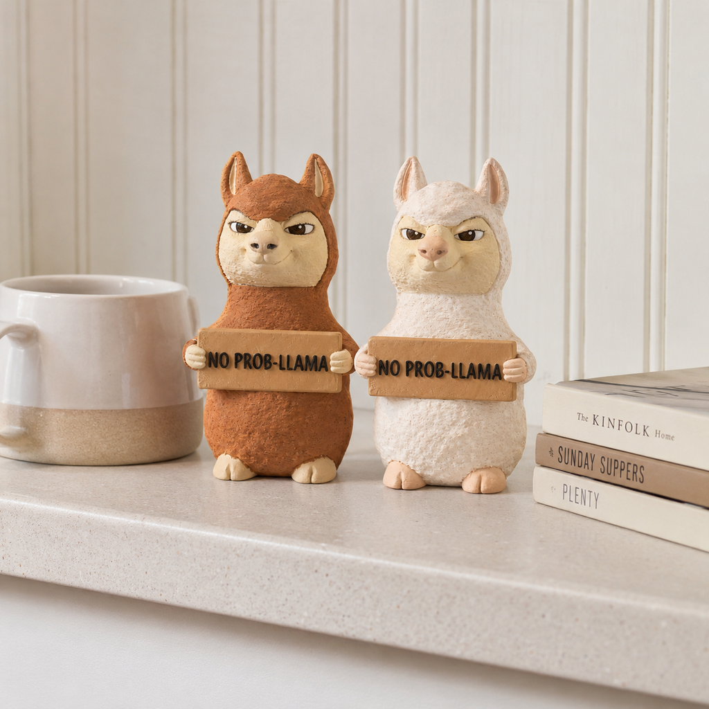Two alpaca figurines holding signs that read 'NO PROB-LLAMA' on a light countertop, with a ceramic mug on the left and stacked books on the right, against a white paneled wall.
