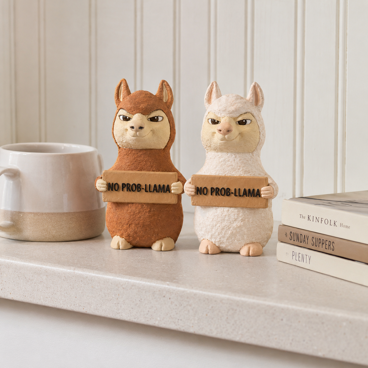 Two alpaca figurines holding signs that read 'NO PROB-LLAMA' on a light countertop, with a ceramic mug on the left and stacked books on the right, against a white paneled wall.