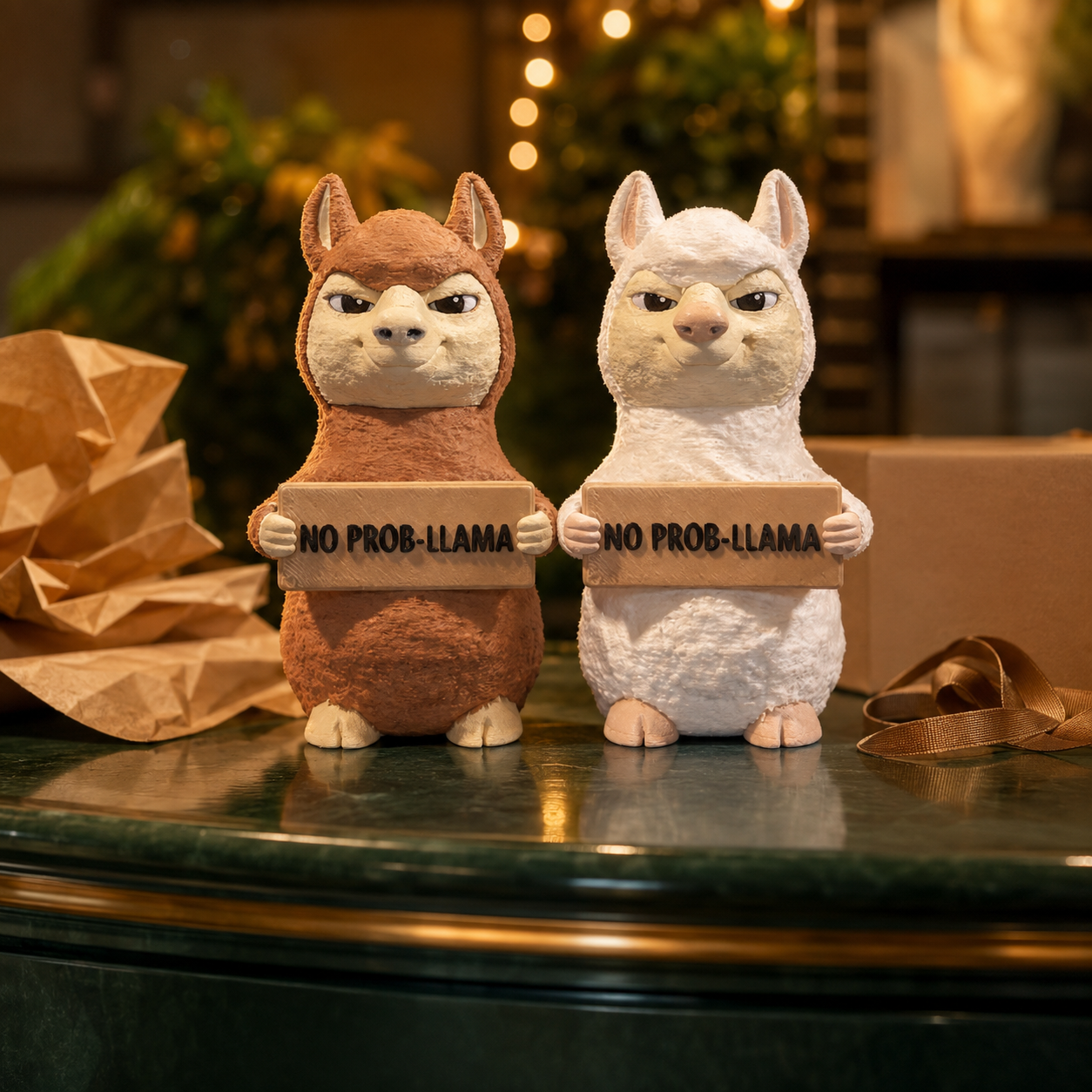 Two llama figurines standing side by side on a dark green marble surface. The left llama is brown and the right llama is white, both holding a cardboard sign that reads 'NO PROB-LLAMA'.