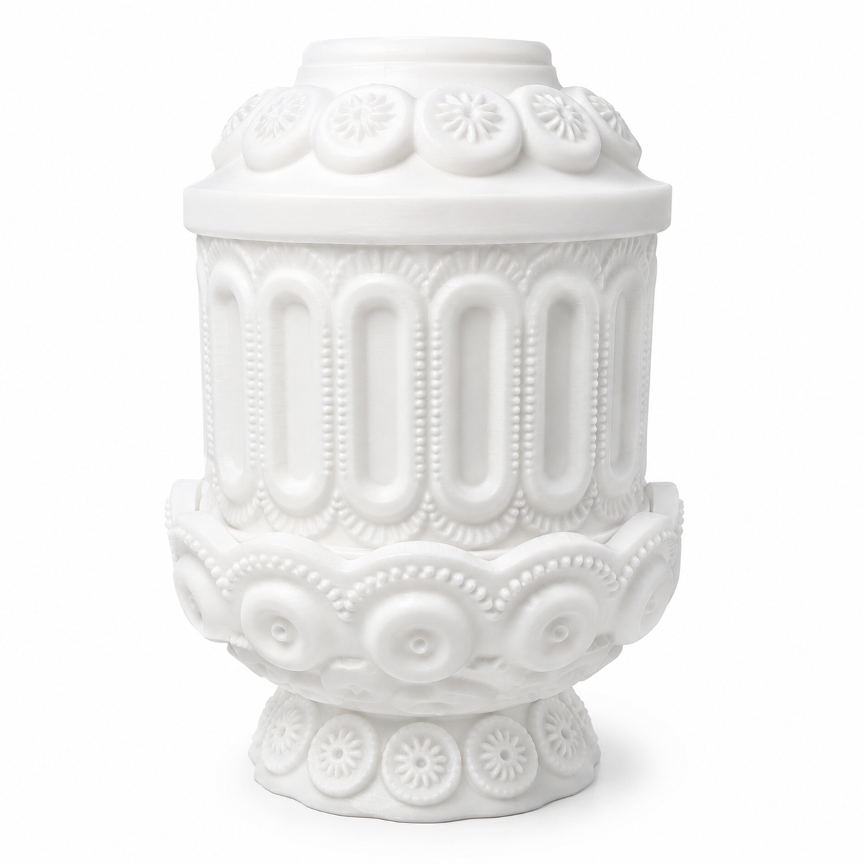Back view of a white vintage-style fairy lamp with embossed floral medallions, scalloped trim, and pedestal base.