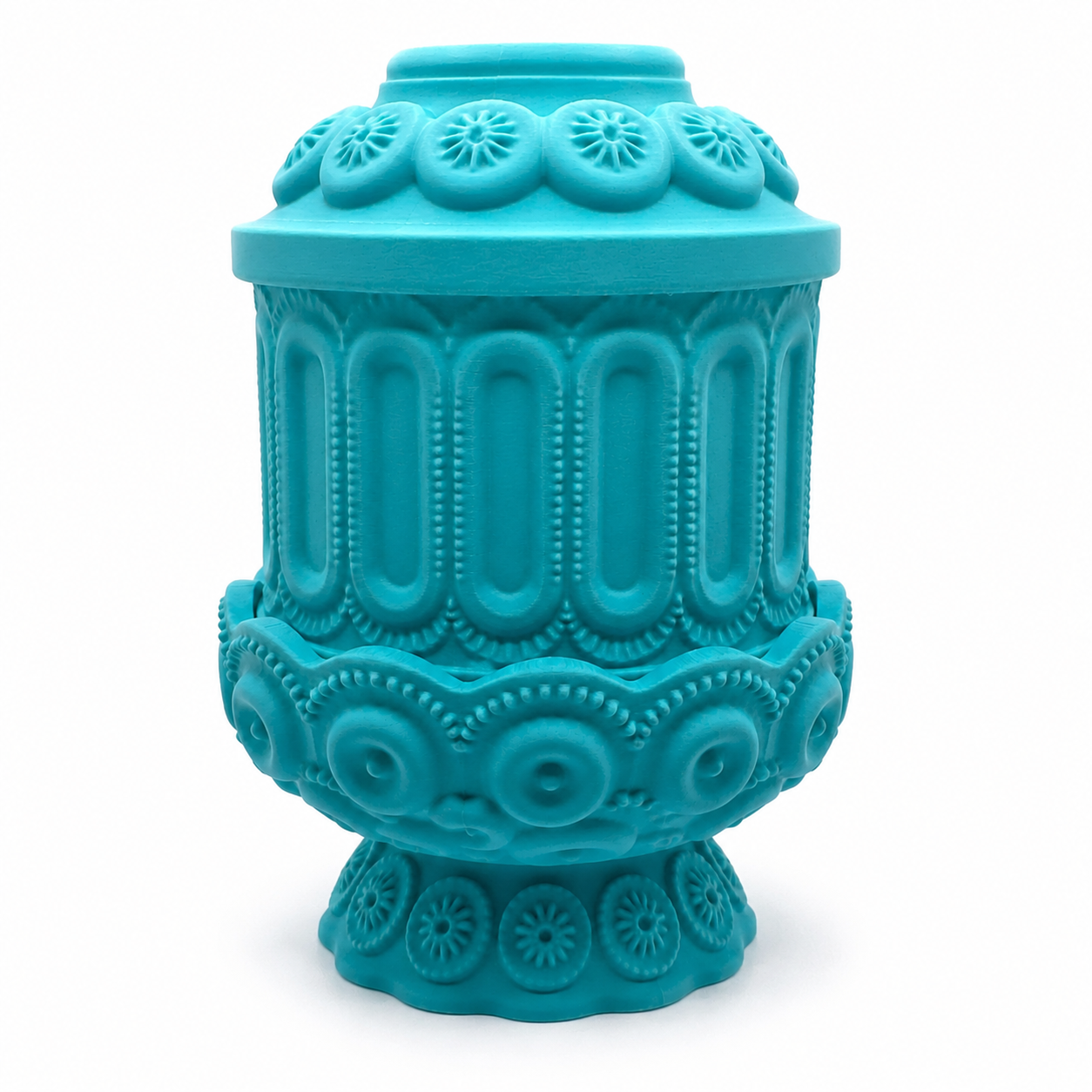 Front view of a teal 3D printed fairy lamp with hobnail-style texture, floral medallions, and scalloped detailing.