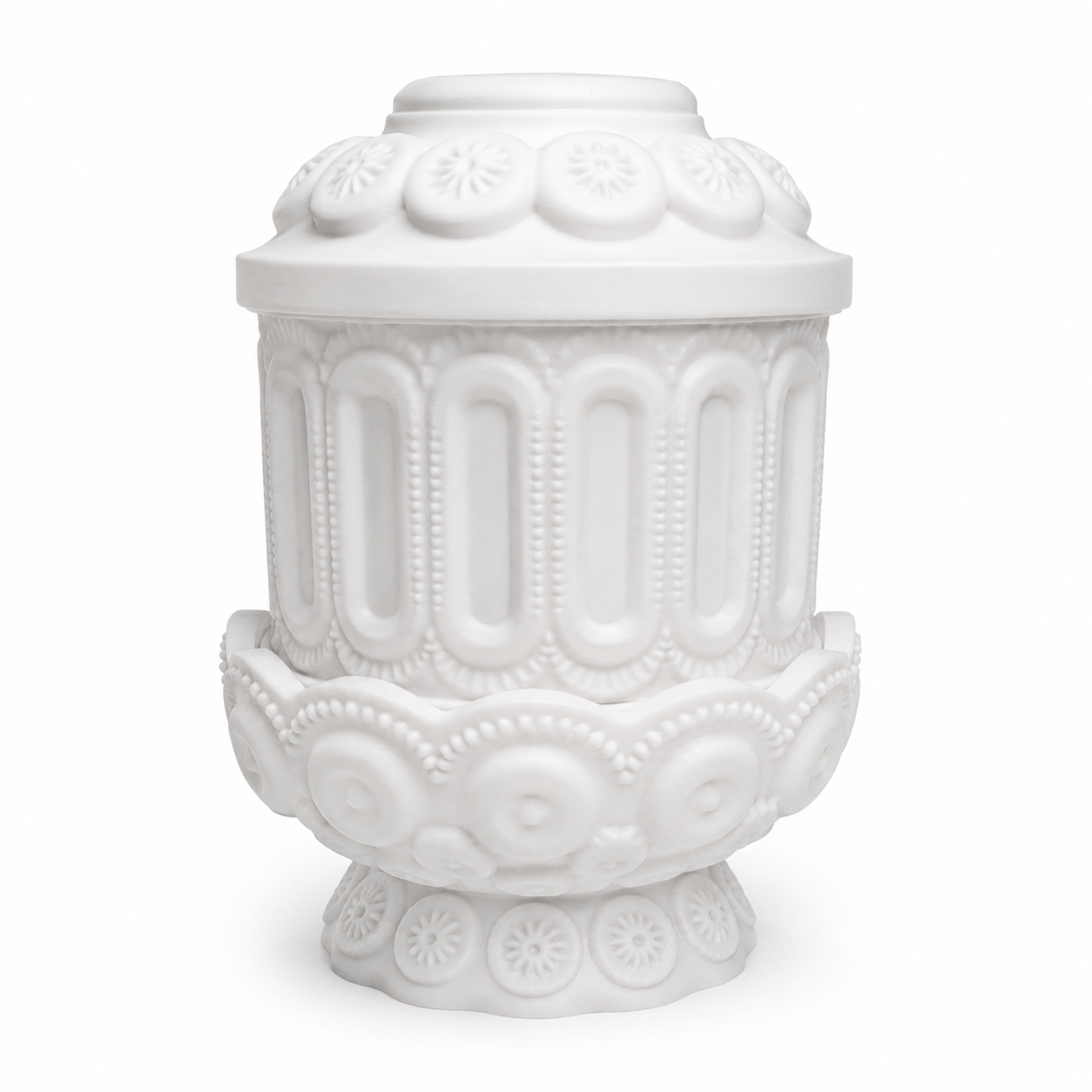 Front view of a white 3D printed fairy lamp with hobnail-style texture, floral medallions, and scalloped detailing.