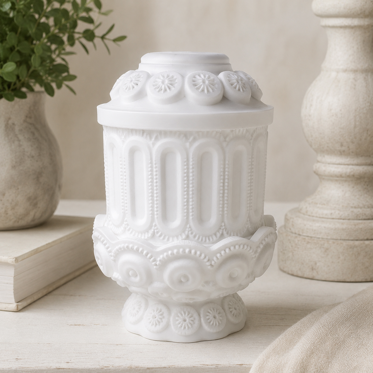 Front view of a white 3D printed fairy lamp with hobnail-style texture, floral medallions, and scalloped detailing.