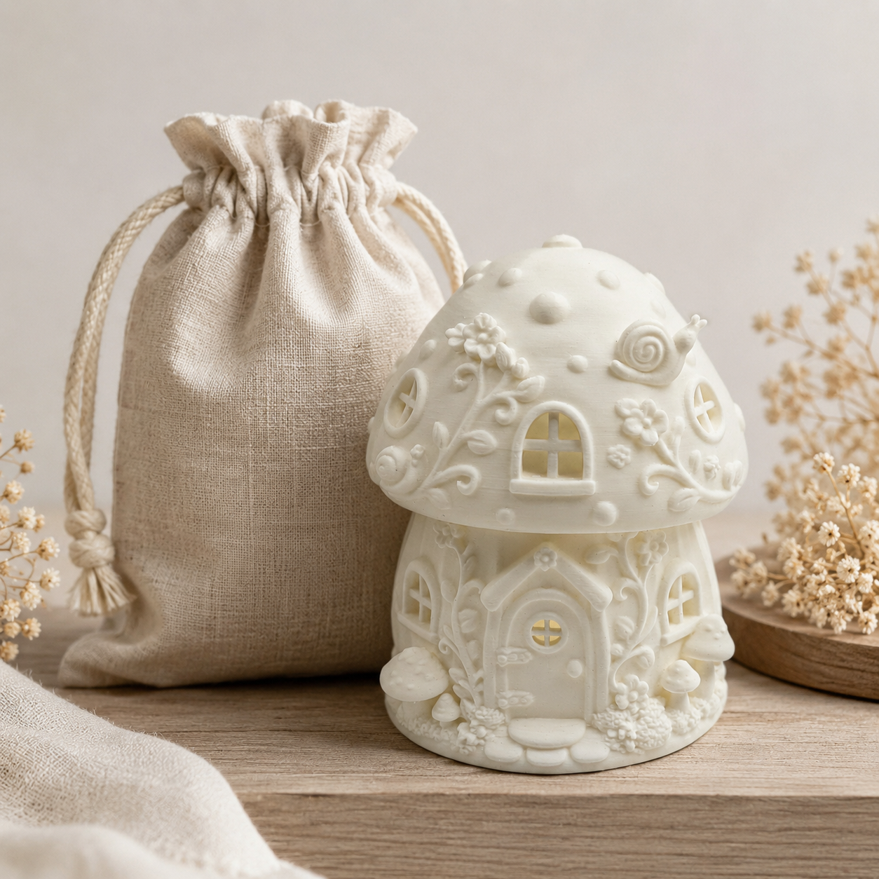 White mushroom fairy house LED tea light holder with raised flowers, vines, windows, and snail detail styled with soft neutral cottagecore decor.