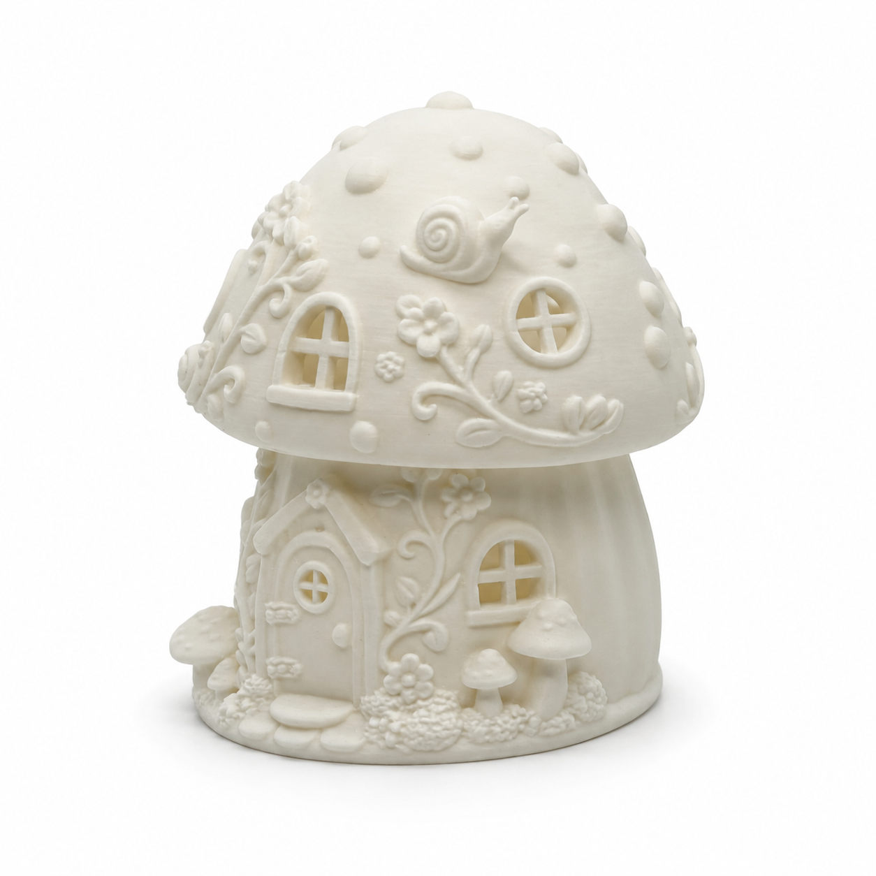 Side view of a white mushroom fairy house decoration showing rounded mushroom cap, raised snail, flowers, vines, windows, and small mushroom accents.