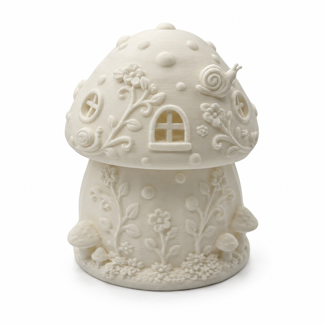 Back view of a white mushroom fairy house LED tea light holder with raised floral vine details, small windows, mushroom cap texture, and woodland accents.