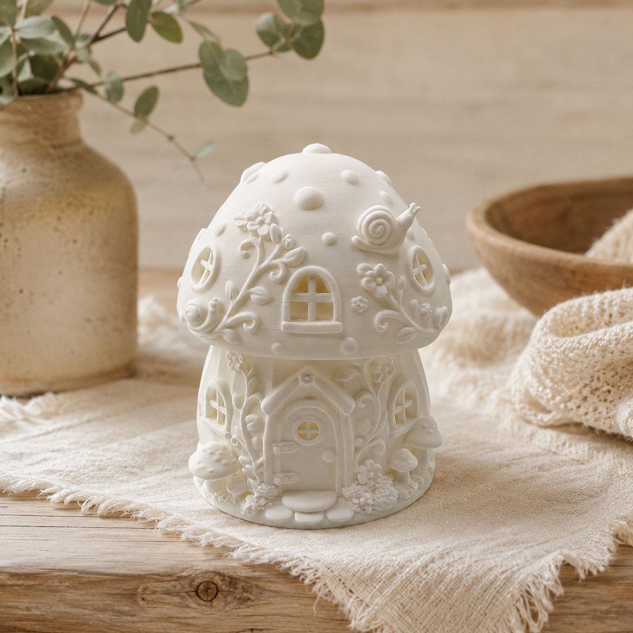 White cottagecore mushroom fairy house LED tea light holder displayed on a neutral textured cloth with soft natural home decor styling.
