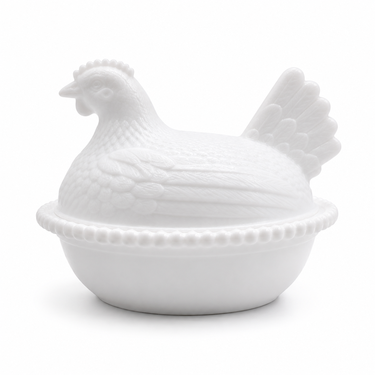 Side profile of a 3D printed vintage hen on nest dish showing detailed feather texture.