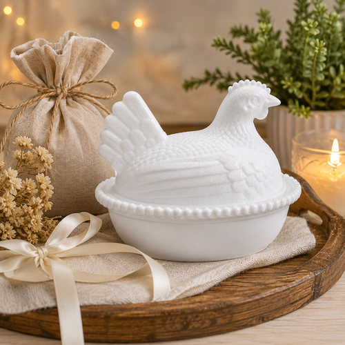 White hen on nest dish styled as a gift with farmhouse décor accents and neutral accessories.